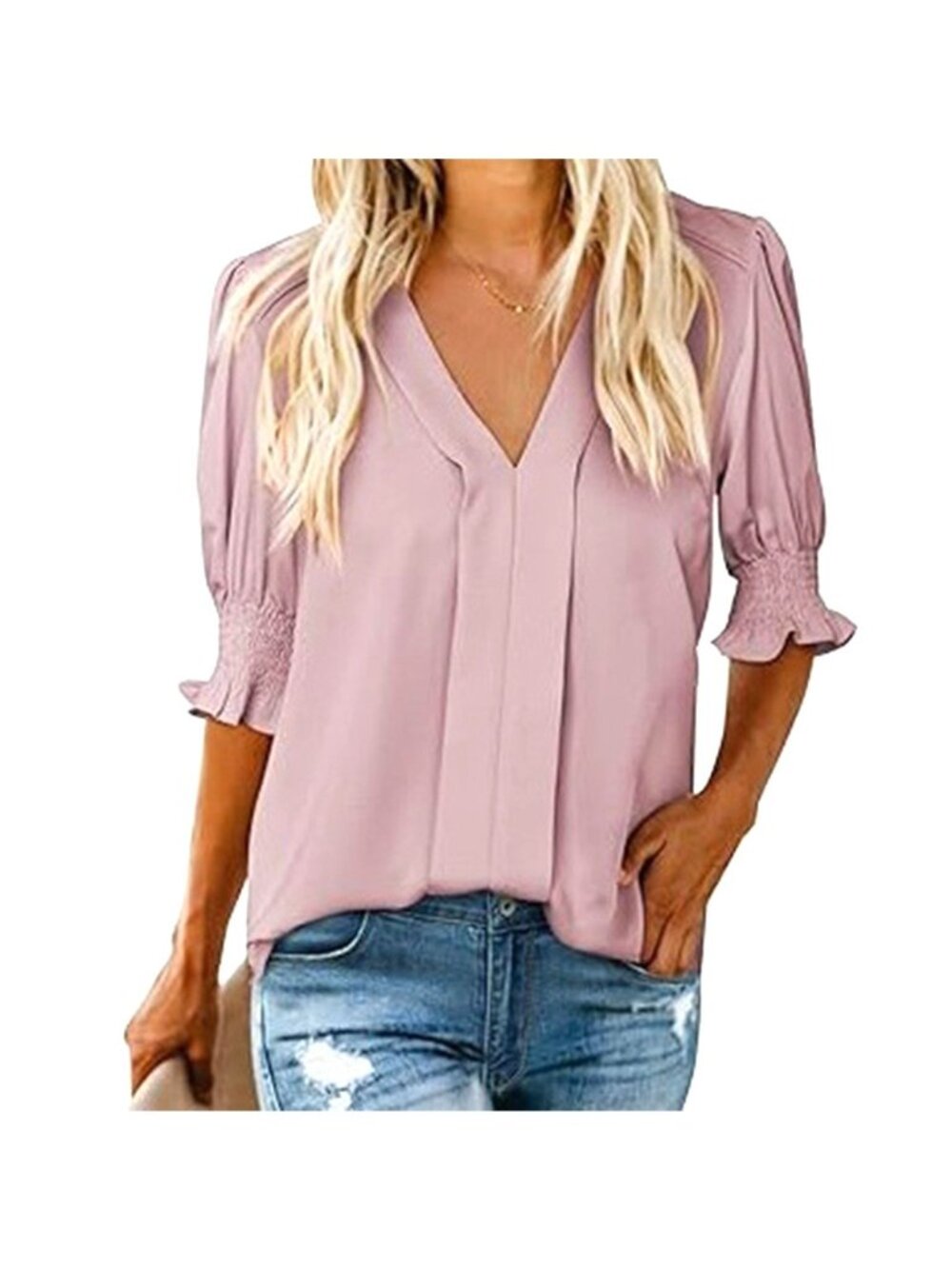 Summer Casual V Neck Tunic Blouse Ruffle Short Sleeve Pink Size XXL